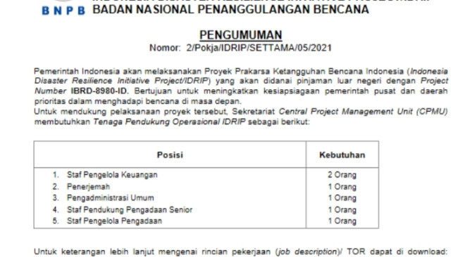 Ayo Buruan yang Masih Ngangur, BNPB Buka Lowongan Kerja...