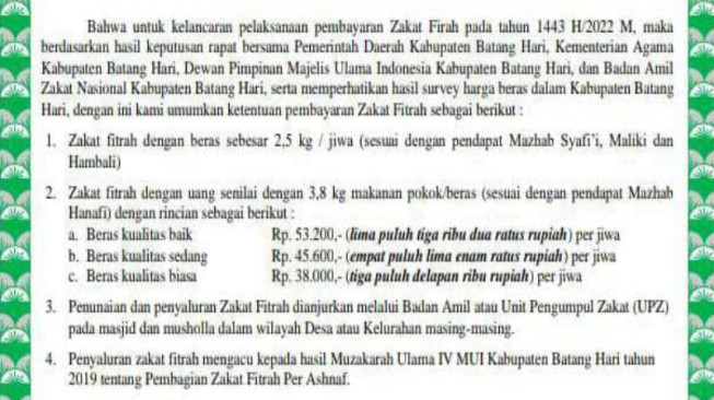 Besaran Zakat Fitrah di Batanghari Ditetapkan