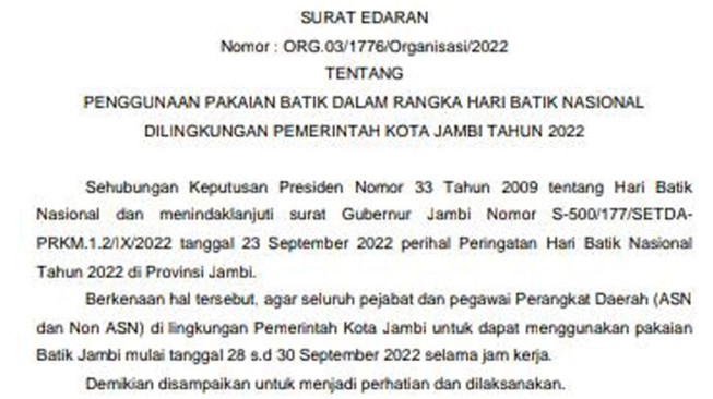 Pejabat dan ASN Pemkot Jambi Wajib Kerja Pakai Batik Selama 3 Hari