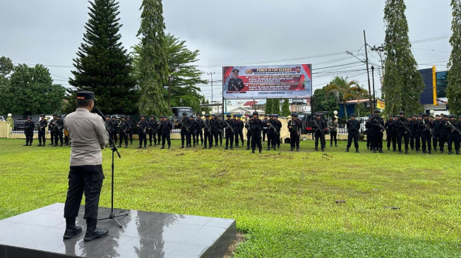 Polres Bungo Mengelar Apel Pelepasan BKO Sat Brimob, Pasca Pengamanan PSU di Kabupaten Muara Bungo.