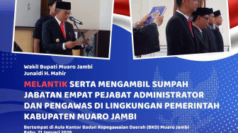 Wakil Bupati, Junaidi H. Mahir Lantik Empat Pejabat Administrator dan Pengawas di Lingkungan Pemkab Muaro Jambi