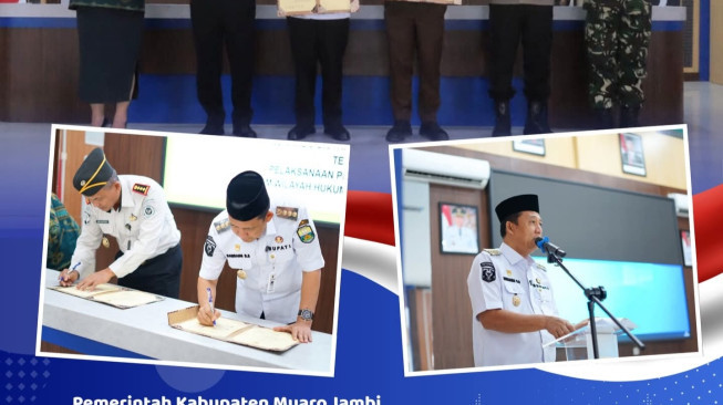 Bupati Muaro Jambi, Dr. Bambang Bayu Suseno Tandatangani Nota Kesepakatan Pelaksanaan Pidana Kerja Sosial di Kabupaten Muaro Jambi.